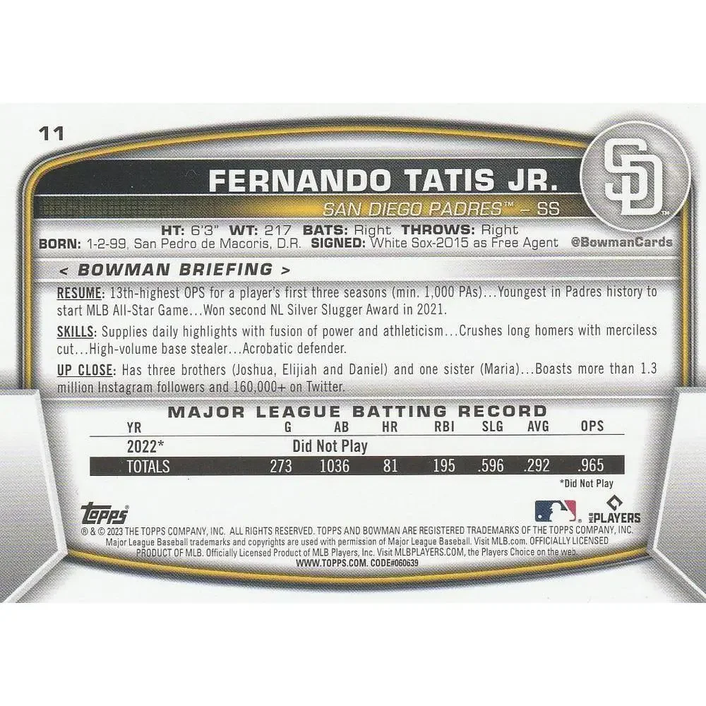 2023 Bowman Fernando Tatis Jr. #11 San Diego Padres